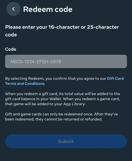 Страница Redeem code в Meta с полем для кода