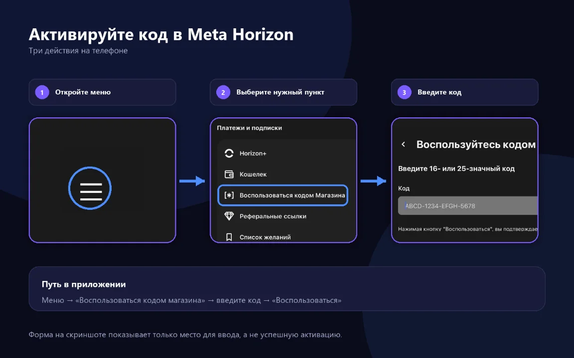 Активация кода в приложении Meta Horizon: меню, пункт «Воспользоваться кодом магазина» и поле ввода кода
