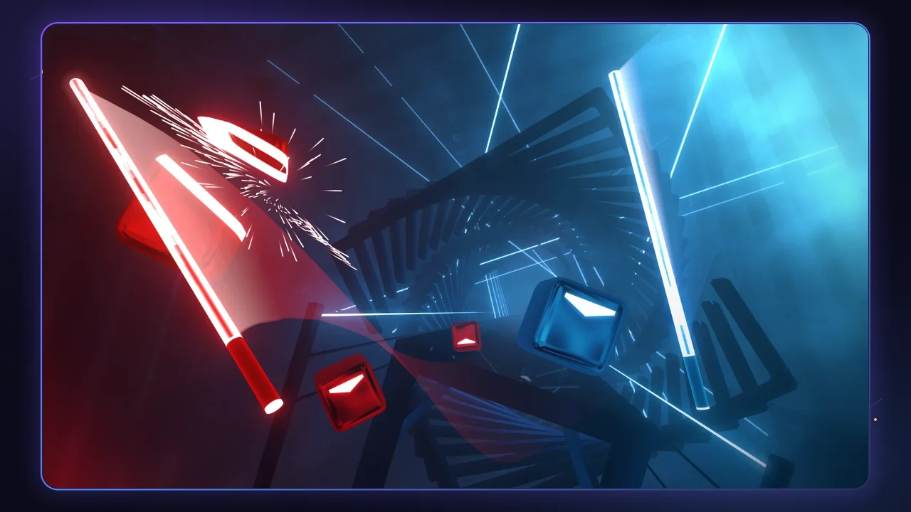 Игрок разрубает светящимися клинками блоки под музыку в Beat Saber на Meta Quest