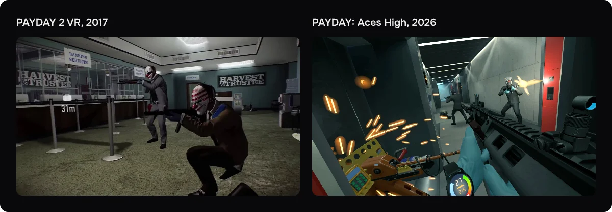 Сравнение VR-режима PAYDAY 2 2017 года и отдельной VR-игры 2026 года.