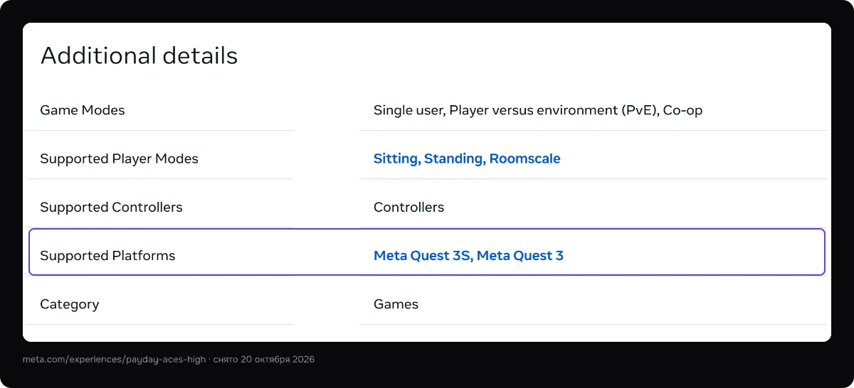 Страница PAYDAY: Aces High в Meta Horizon Store: совместимые устройства — Meta Quest 3S и Meta Quest 3.