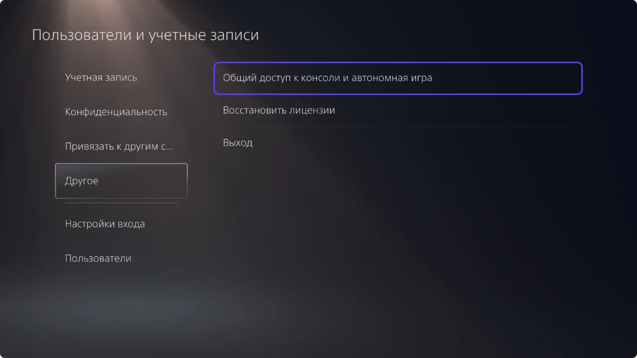 Пункт «Другое» в настройках PS5 перед включением общего доступа.