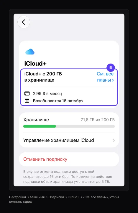 Экран выбора тарифа iCloud+ с ценами