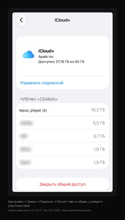 «Семейный доступ» → «Хранилище iCloud» с участниками группы