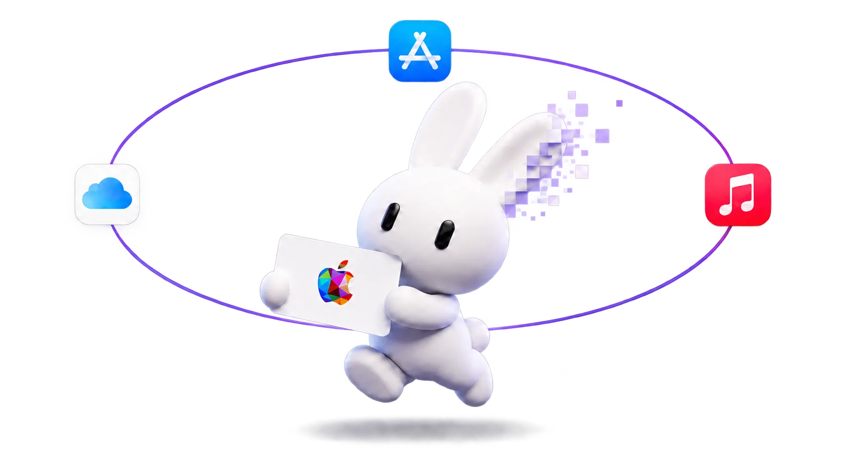 Кролик Лепус с подарочной картой Apple на орбите App Store, iCloud и Apple Music