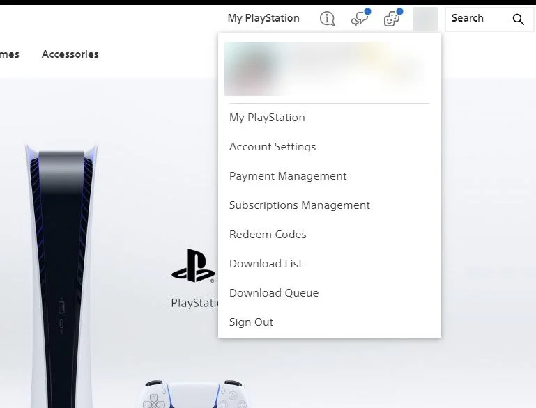store.playstation.com в браузере: меню аватара, пункт Redeem Codes выделен