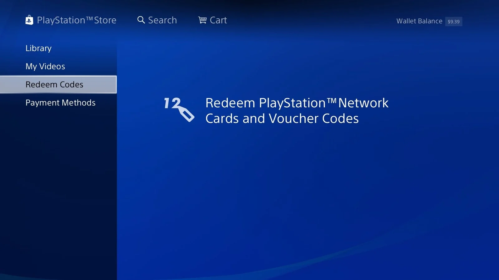 PS Store на PS4: пункт Redeem Codes в меню слева