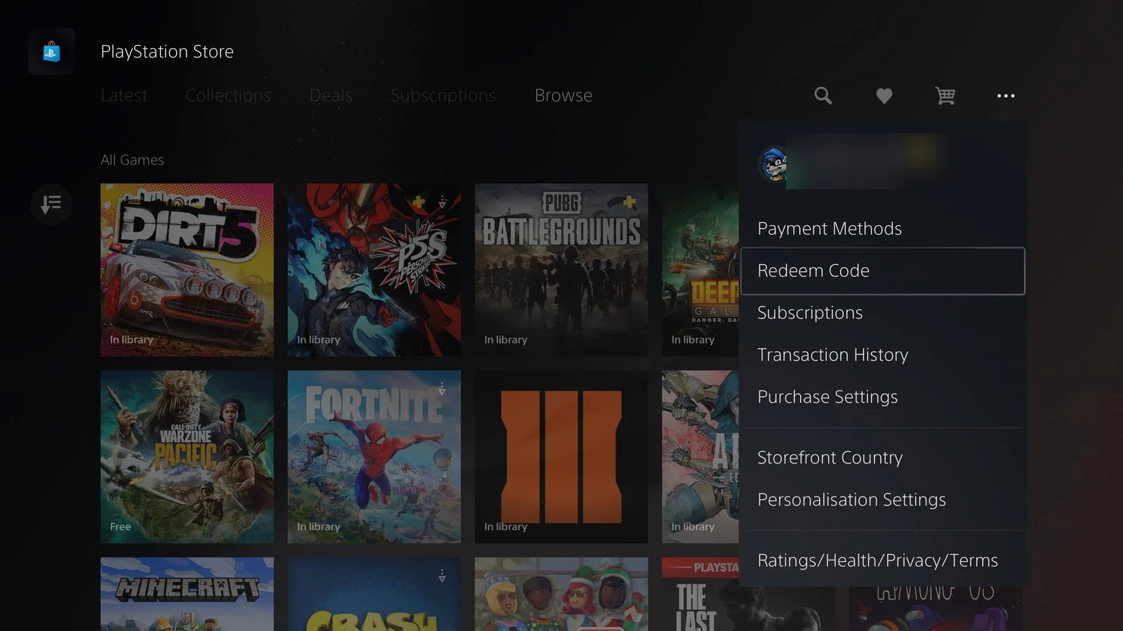PS Store на PS5: меню «три точки» открыто, пункт Redeem Code выделен